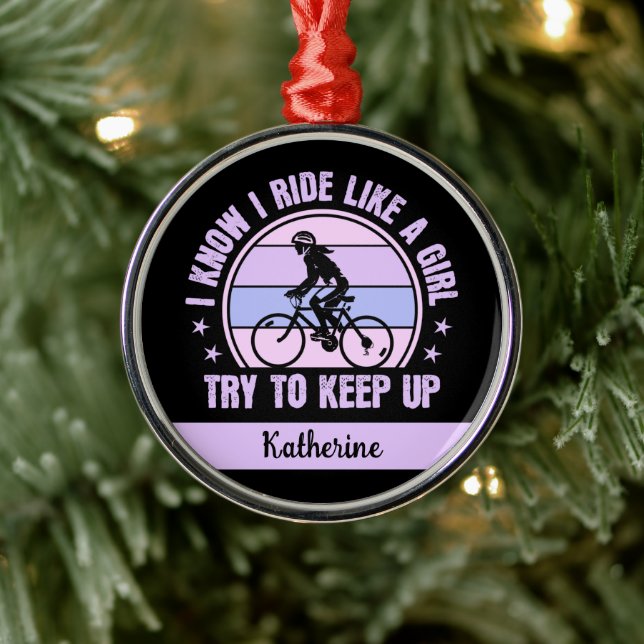 Cycling Girl Try to Keep Up Retro Bicycle Metal Ornament (Tree)
