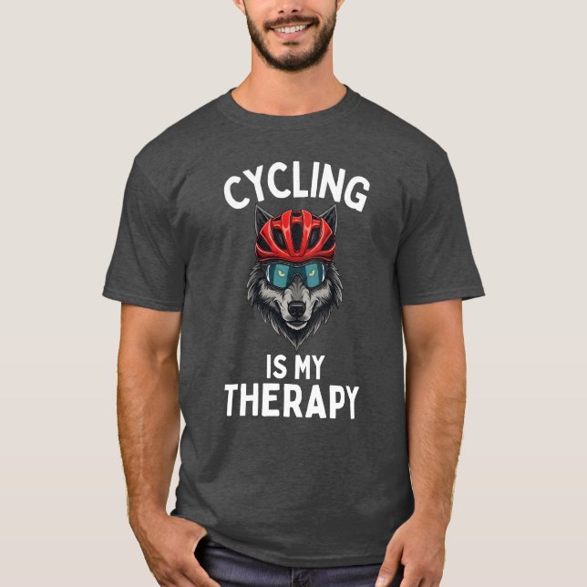 Cycling Is My Therapy, Funny Cyclist Wolf Lover T-Shirt (Front)