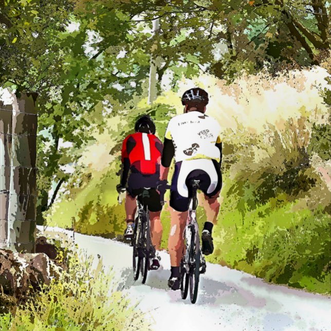 CYCLING PHOTO PRINT (Two road racing cyclists enjoying the country lanes of Wales.)