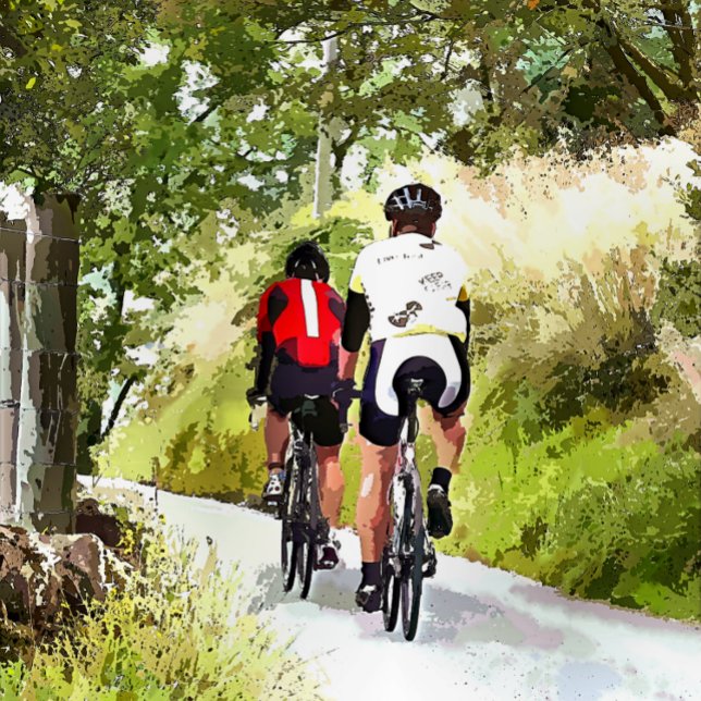 CYCLING PLAQUE (Two road racing cyclists enjoying the country lanes of Wales. Watercolor.)