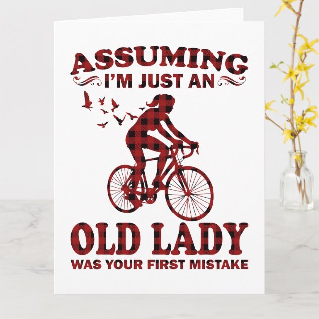 Cycling Woman Assuming I'm Just An Old Lady Xmas Card (Yellow Flower)