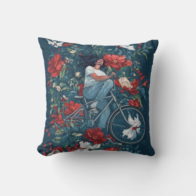 Cyclist and Flowers Throw Pillow (Front)