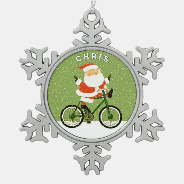 Cyclist Biking Christmas Collectible Snowflake Pewter Christmas Ornament (Front)