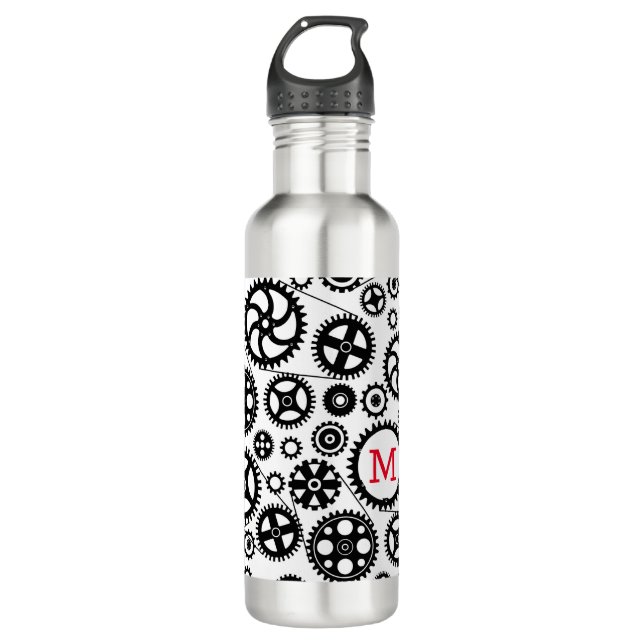 Cyclist Biking INITIAL Gear Head Black White Fun Stainless Steel Water Bottle (Front)