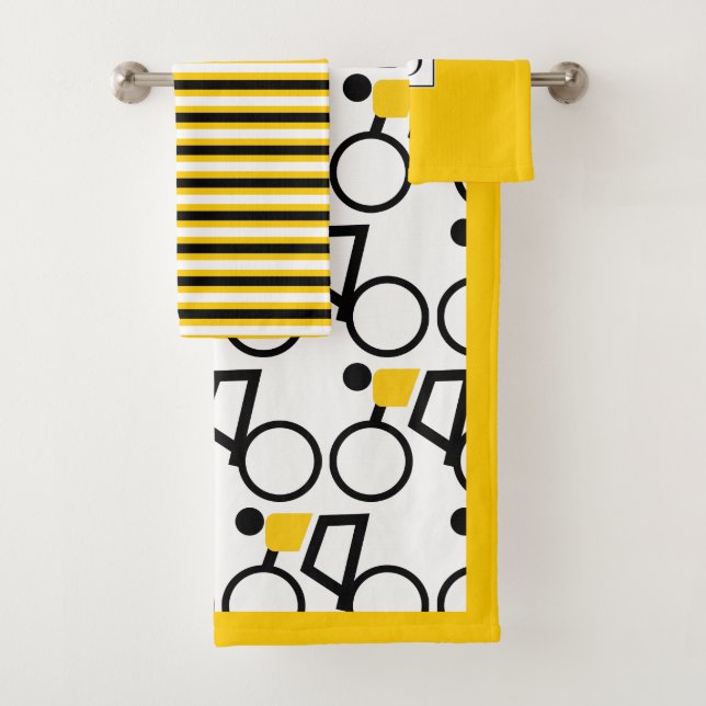 Cyclist black and yellow stripes and monogram bath towel set (Insitu)