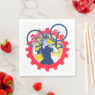 Cyclist Carrying Bike Cycling Mechanic Gear Napkins