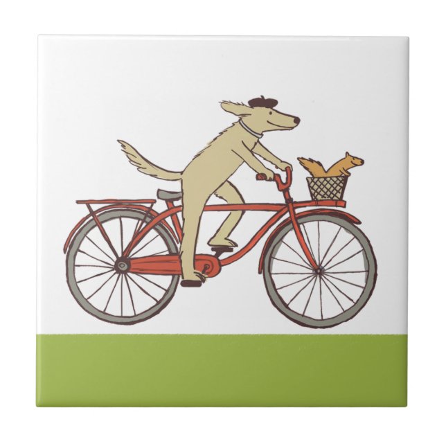 Cyclist Dog with Squirrel Friend - Fun Animal Art Tile (Front)