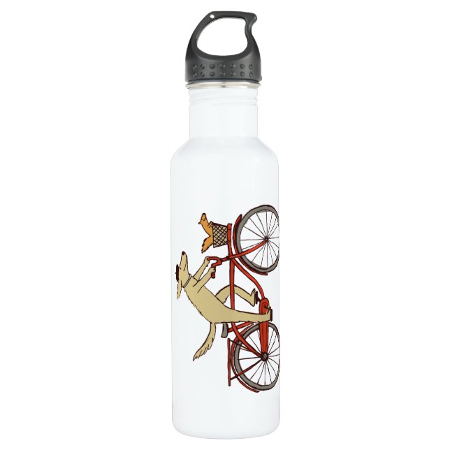 Cyclist Dog with Squirrel Friend - Fun Animal Art Water Bottle (Front)