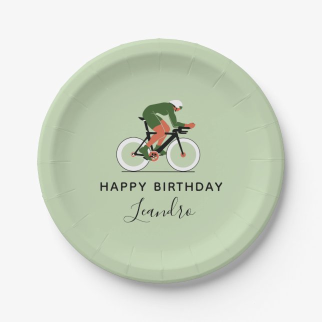 Cyclist Illustration Cycling Bike Riding Name Paper Plates (Front)