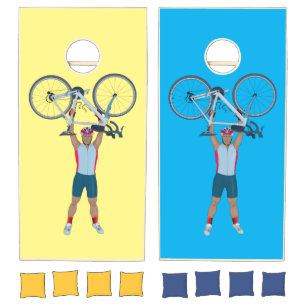 Cyclist Lifting a Bicycle Cornhole Set