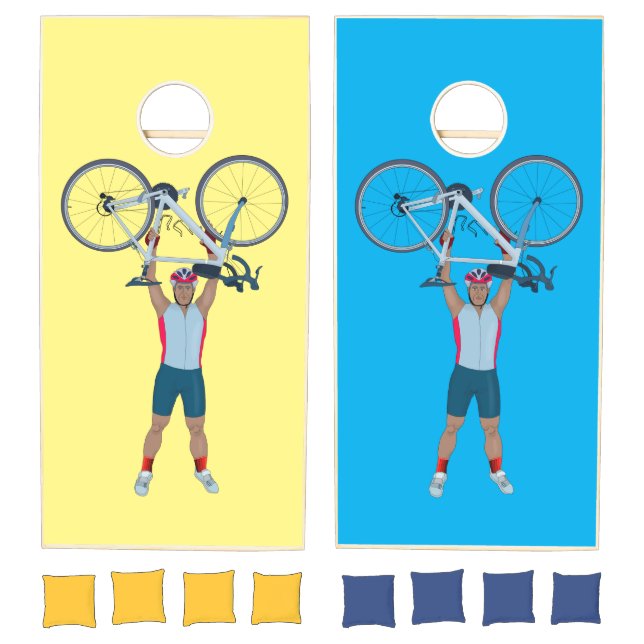 Cyclist Lifting a Bicycle Cornhole Set (Set)