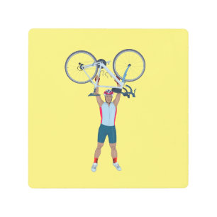 Cyclist Lifting a Bicycle Metal Print