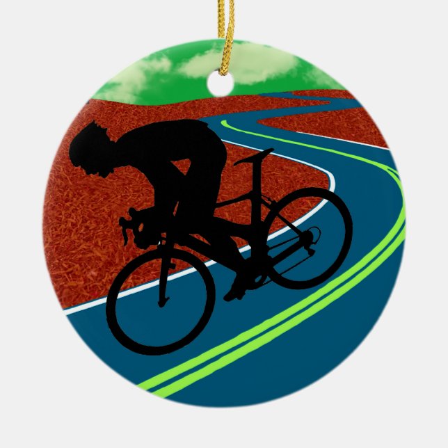 Cyclist on a Curved Highway Ceramic Ornament (Front)