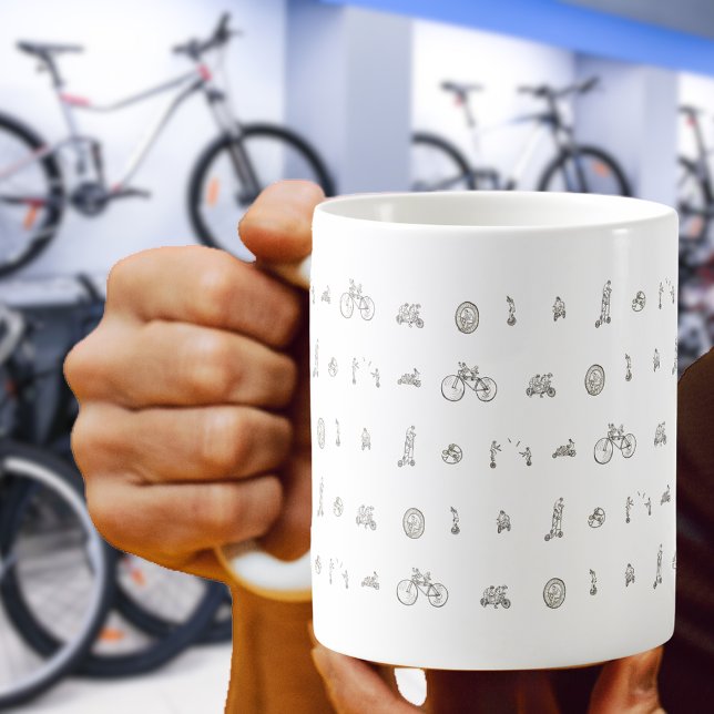 Cyclist on Funny Bicycles Line Drawing Art humor Coffee Mug (Fun cycling on bicycles black and white line art mug gift for cyclists)