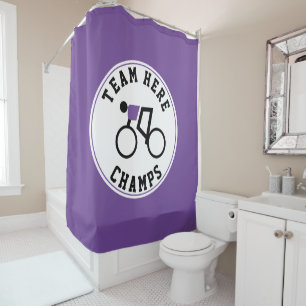 Cyclist on his bike purple black champs shower curtain