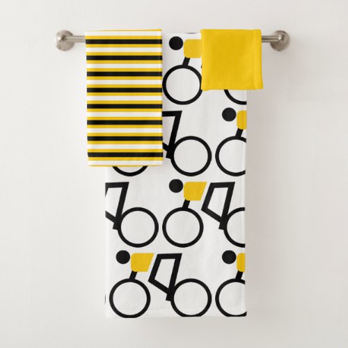 Cyclist riding his bicycle black yellow stripes bath towel set