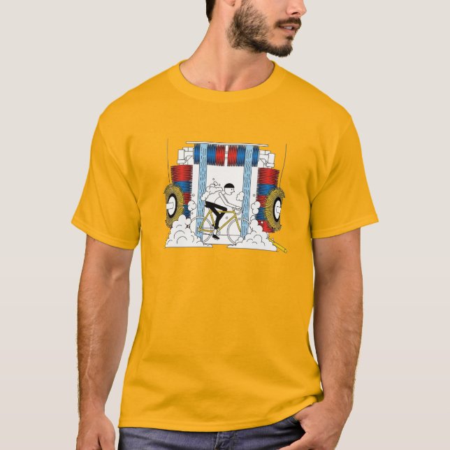 Cyclist Riding Through Car Wash Cartoon T-Shirt (Front)