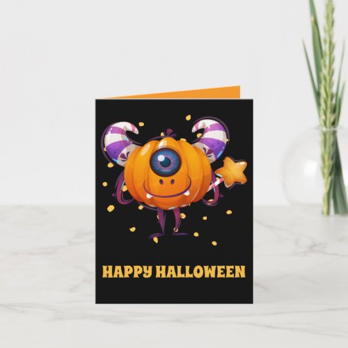 Cyclops monster pumpkin with horns kids halloween note card