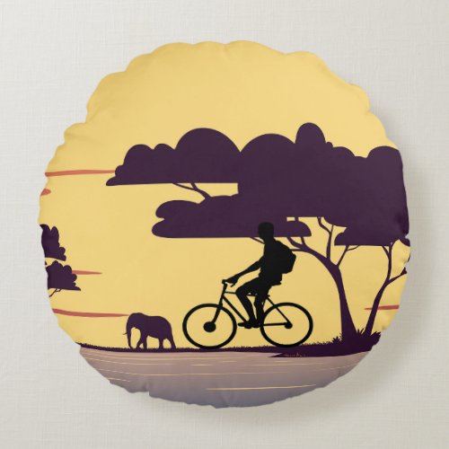 Cycologist_Safari bike tour with sunset Elephant   Round Pillow