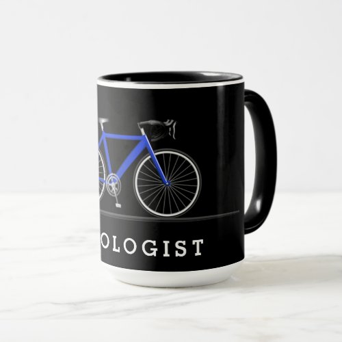 Cycologist text with blue bicycle mug