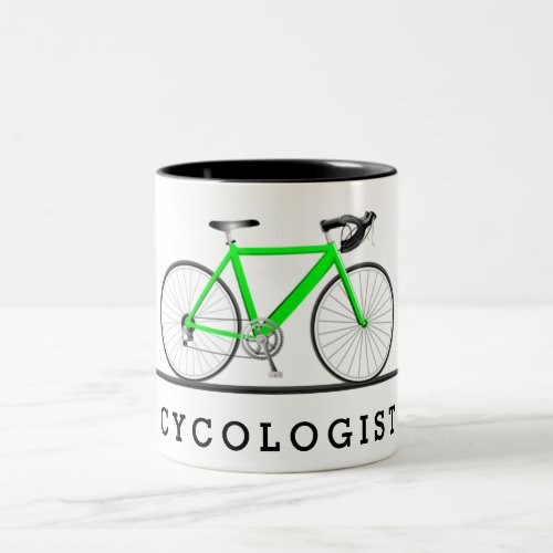 Cycologist text with green bicycle Two_Tone coffee mug