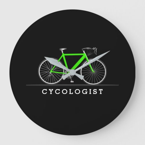 Cycologist text with neon green bicycle large clock