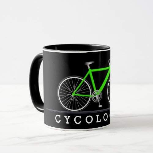 Cycologist text with neon green bicycle mug