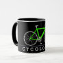 Cycologist text with neon green bicycle mug