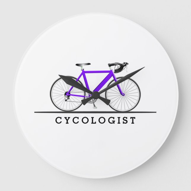 Cycologist text with purple bicycle large clock (Front)