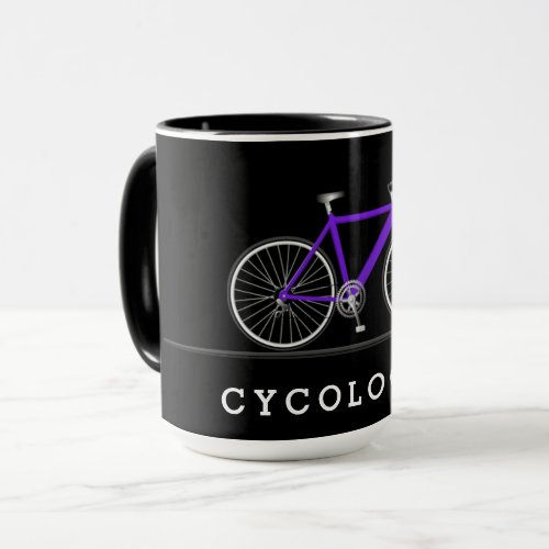 Cycologist text with purple bicycle mug
