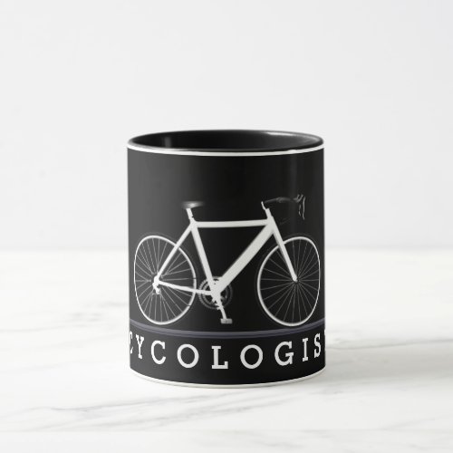 Cycologist text with white bicycle mug