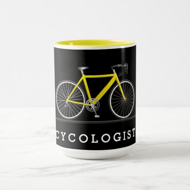 Cycologist text with yellow bicycle mug (Center)