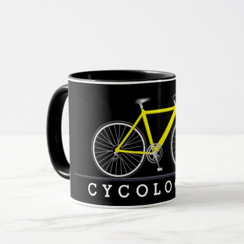 Cycologist text with yellow bicycle mug