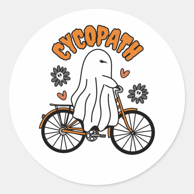 Cycopath Halloween Ghost on Orange Bicycle  Classic Round Sticker (Front)