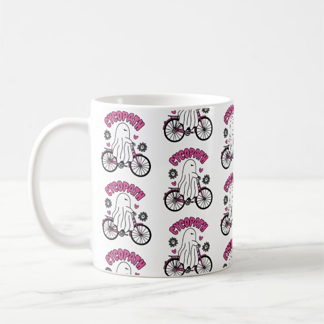Cycopath Halloween Ghost on Pink Bicycle  Coffee Mug (Left)