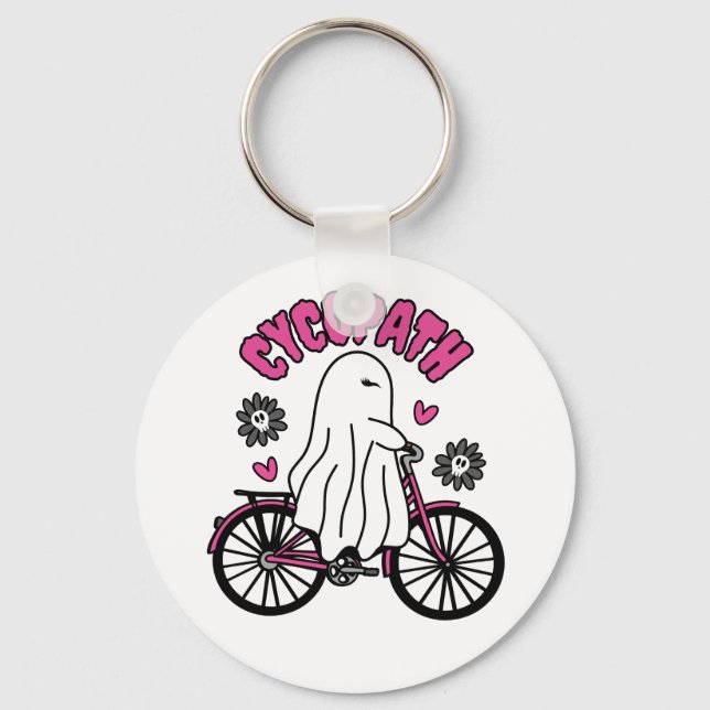Cycopath Halloween Ghost on Pink Bicycle  Keychain (Front)