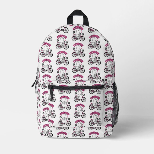 Cycopath Halloween Ghost on Pink Bicycle  Printed Backpack (Front)