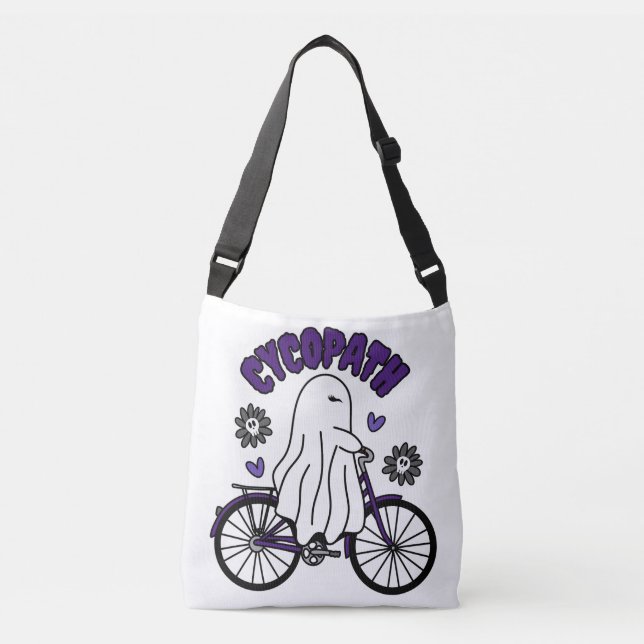 Cycopath Halloween Ghost on Purple Bicycle  Crossbody Bag (Front)