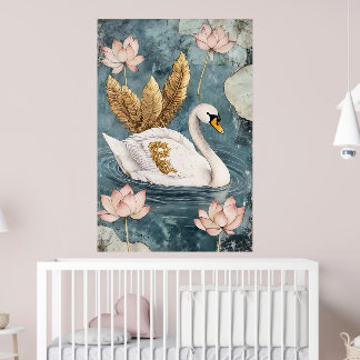 cygne blanc entouré de fleurs de lotus.  poster