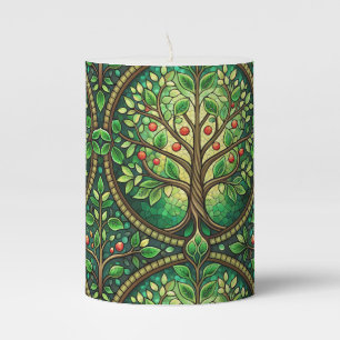 Cylindrical candle with a vibrant intricate tree 