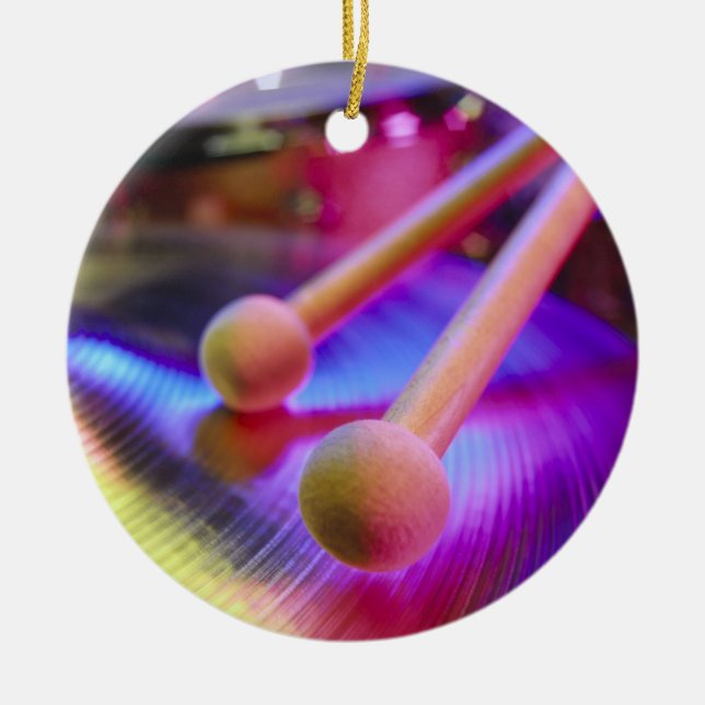 Cymbal & Round Tip Drum Sticks Ceramic Ornament (Front)
