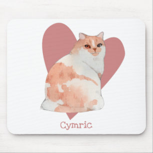 Cymric Cat Watercolor Kitty Pink Heart Mouse Pad