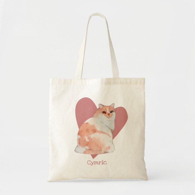 Cymric Cat Watercolor Kitty Pink Heart Tote Bag (Front)