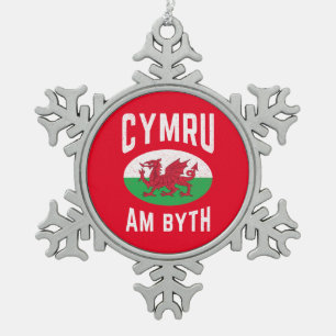 Cymru Am Byth Wales Flag Proud Welsh Vintage Rugby Snowflake Pewter Christmas Ornament