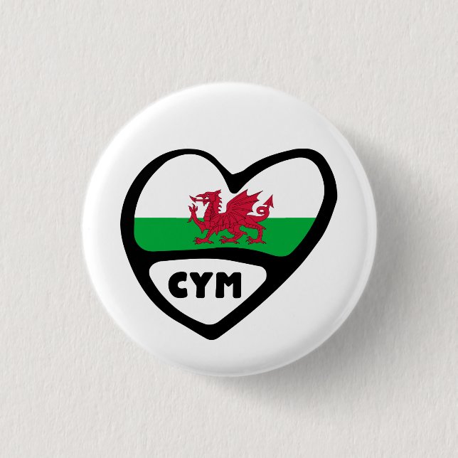 Cymru Country Code Flag Heart Pin, Wales, CYM Button (Front)