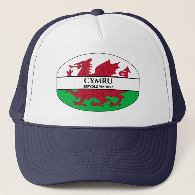 Cymru Sefydlu Ym 1057 Welsh Dragon Flag Trucker Hat (Front)