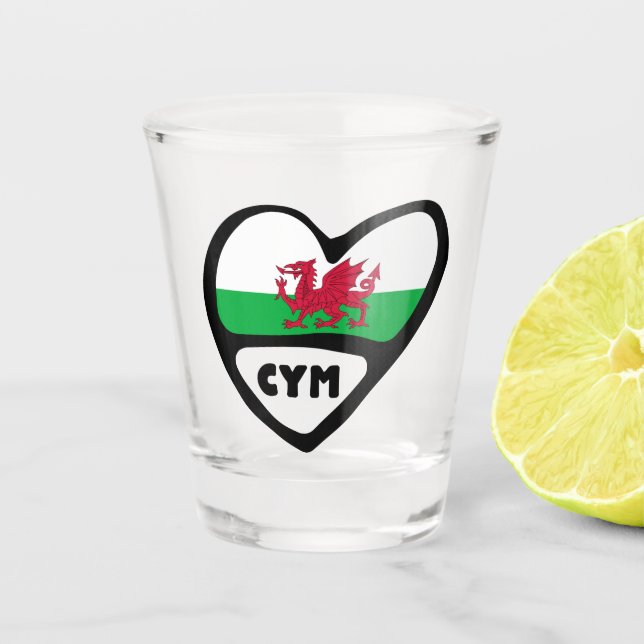 Cymru Wales Country Code Flag Heart Shot Glass (Front)