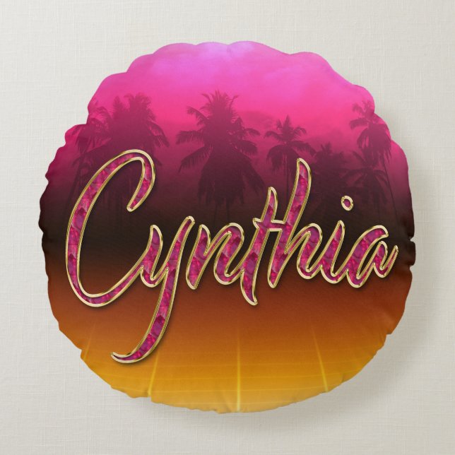 Cynthia First Name Golden pink cushcushion Round Pillow (Front)