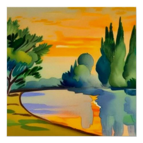 Cypress and Olive trees by lake Poster