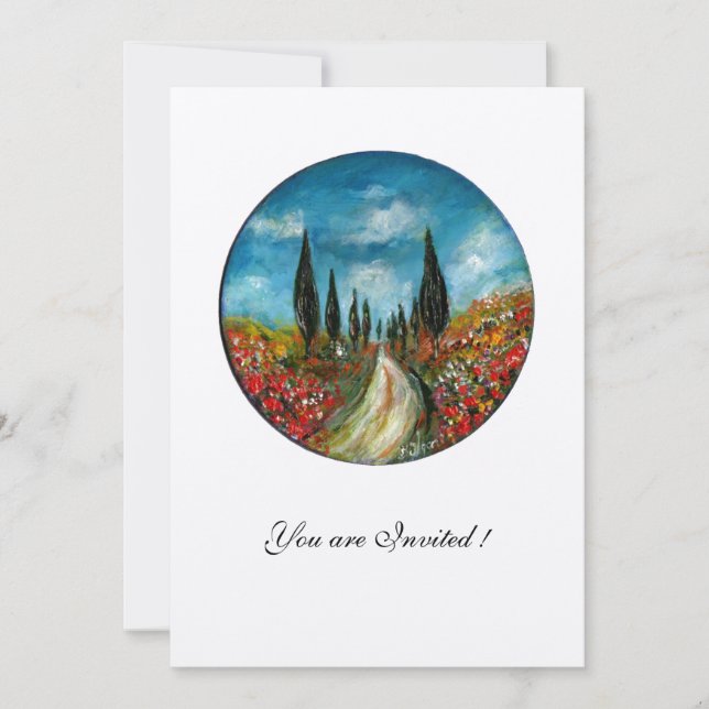 CYPRESS TREES AND POPPIES IN TUSCANY,red blue felt Invitation (Front)